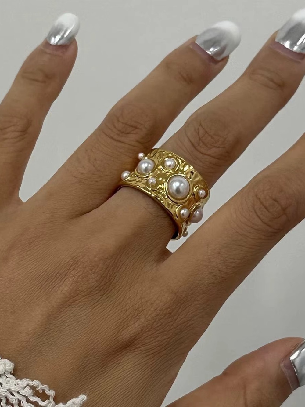 18K Gold Plated Adjustable Pearl Textured Ring